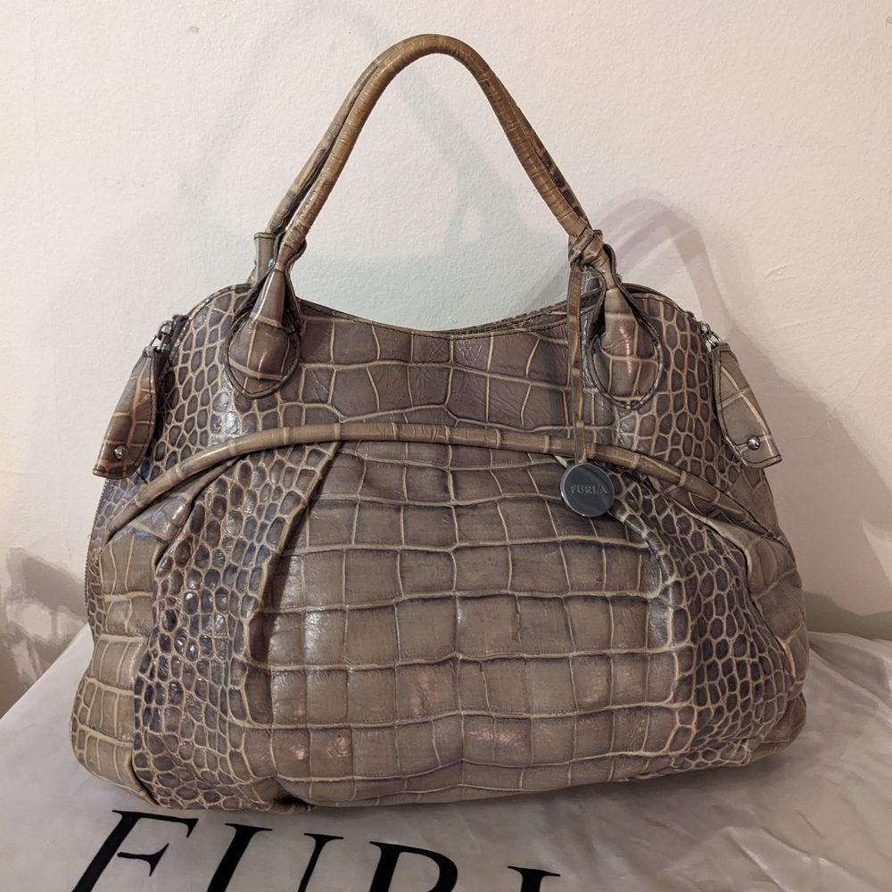 Furla Crocodile-Embossed Gray Handbag